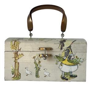 Vintage Holly Hobbie Style Decoupage Wood Box Purse Sunbonnet Girl Lucite Handle